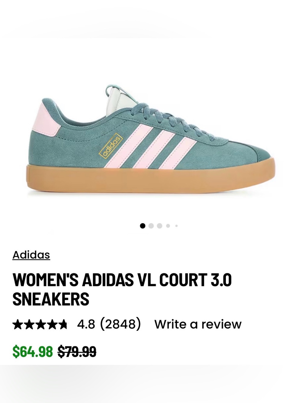 adidas Women's VL Court 3.0 Sneakers — Teal with Pink Accents